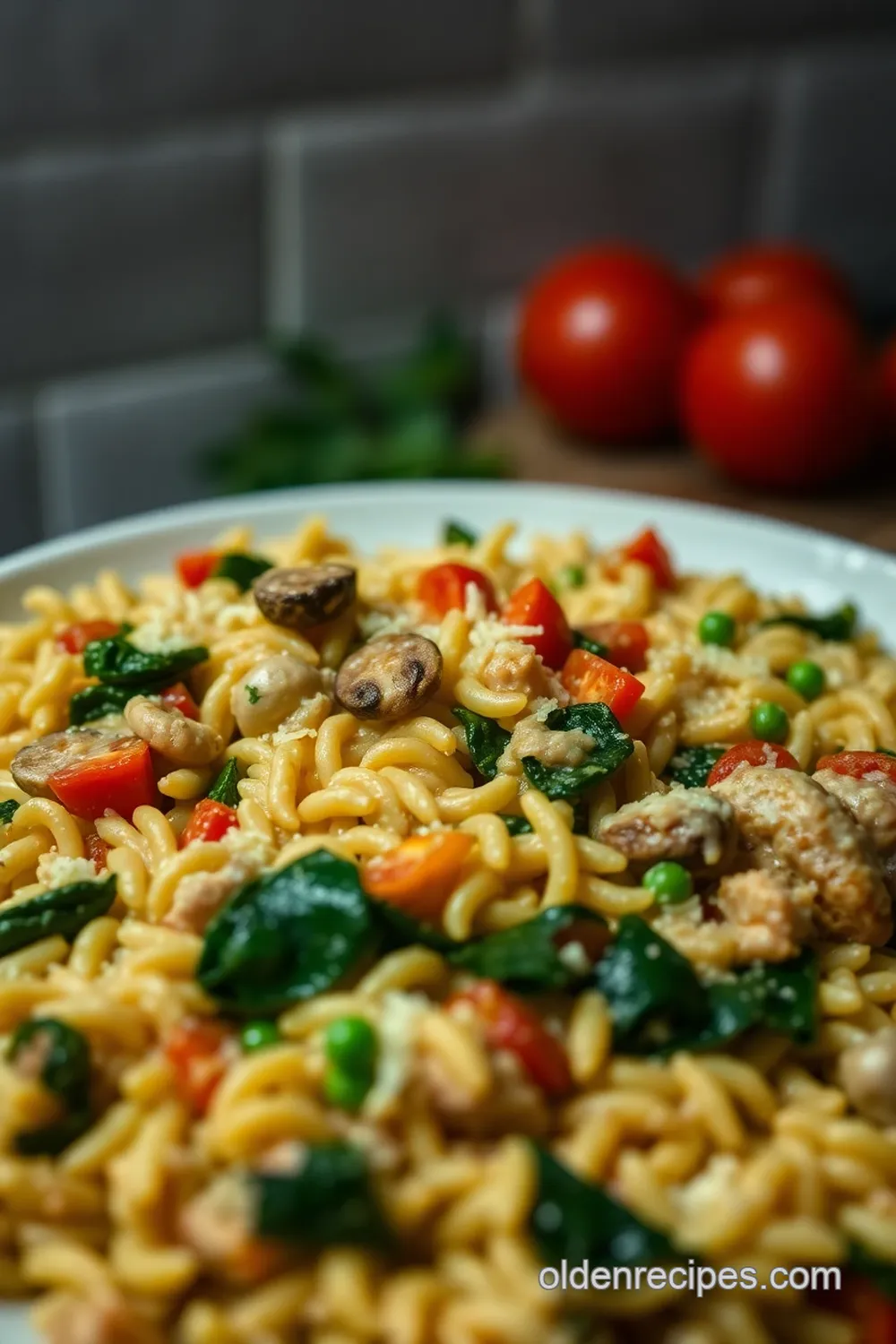 cheesy chicken orzo bake presentation
