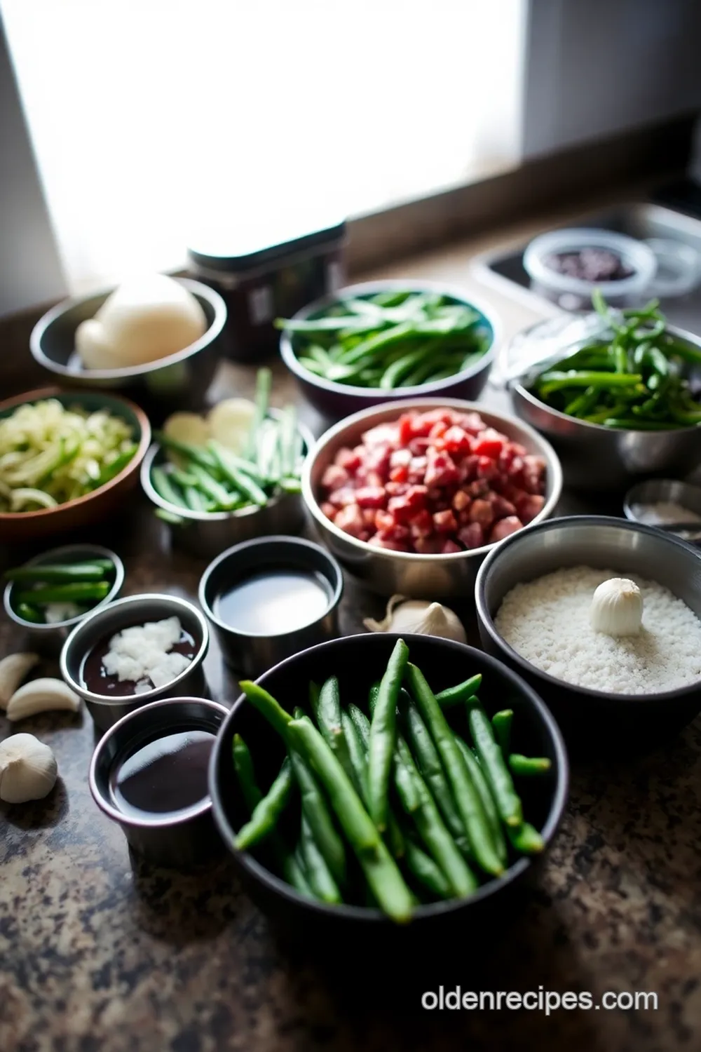 ground beef and green beans stir-fry ingredients