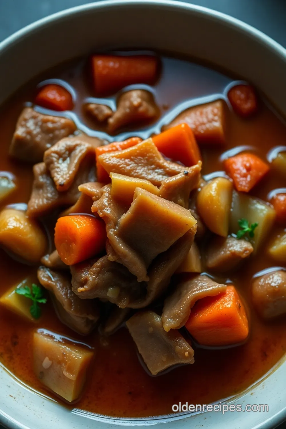 savory beef tripe stew with aromatic-spices presentation